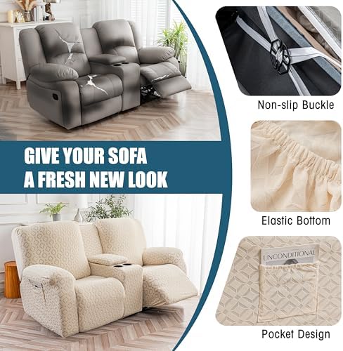 Genina Waterproof Recliner Loveseat Cover,2 Seat with Console,Beige - Image 5