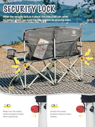 EVER ADVANCED Kids Double Camping Chair with Cupholders Safety Lock, Padded Kids Folding Chair Outdoor with Mesh Pocket, Lightweight Portable Two Person Loveseat for Beach, Supports 300lbs, Grey - Image 4