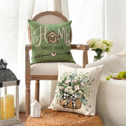 AVOIN colorlife Bless Our Home Farmhouse Eucalyptus Leaves Throw Pillow Covers, 16 x 16 Inch Green Truck Home Sweet Cushion Case Decorations Set of 4 - Image 3