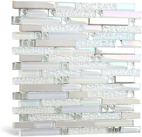 Blujellyfish Glass Metal Tile Iridescent White Glass Silver Mirror Stainless Steel Blends Interlocking Strip Wall Tiles TSTNB01 (Pack of 5 Sheets) by Blujellyfish