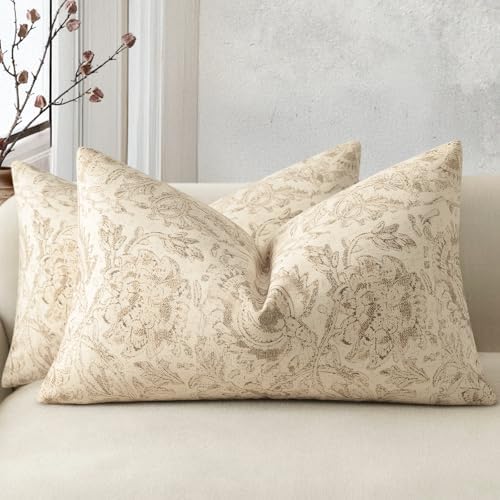 Vintage Floral Print Throw Pillow Covers 12x20 Set of 2 Neutral Modern Farmhouse Pillowcases Accent Decorative Cushion Covers Boho Home Decor for Couch Sofa Chair Bed Living Room, Natural Beige by DKwizme