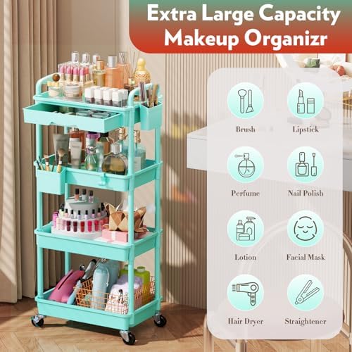 SUNALLY Makeup Cart Organizer with Drawer, 4 Tier Rolling Makeup Cart, Blue - Image 4