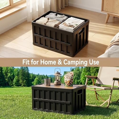 VIMI 50L Collapsible Storage Bins with Lids Stackable Utility Crates with Handles Plastic Large Folding Containers for Organizing Tools,Books,Food,Drinks,Camping&Transport (Black-2 Pack) - Image 2