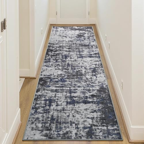 2x8 Washable Runner Rug Non Slip Runners for Hallways, Kitchen Soft Stain Resistant Floor Carpet with Rubber Backing Abstract Rugs for Entryway, Bedroom, Bathroom, Laundry Room, Dark Grey Blue - Image 4