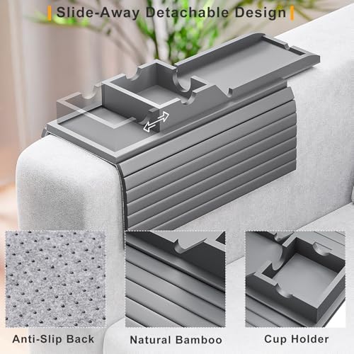 Bestjing Bamboo Couch Armrest Table with Cup Holder Tray (Gray) - Image 2