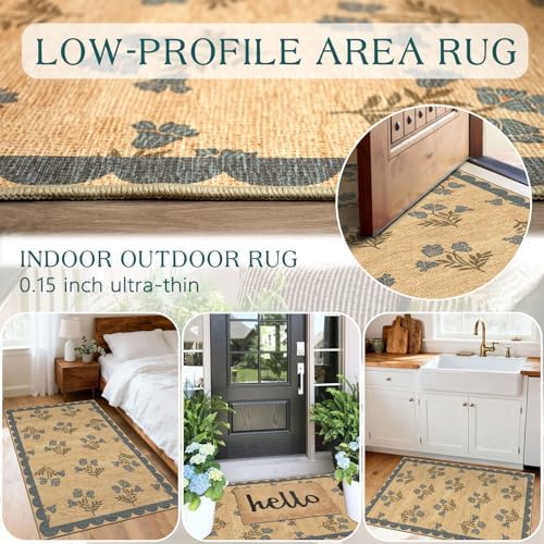 Floral Outdoor Rug - 28" x 43" Front Door Mat Indoor Outside Entrance Non-Slip Washable Outdoor Mat Jute-Look Blue Scalloped Rug for Entryway Kitchen Mudroom Layered Doormat for Front Porch - Image 5