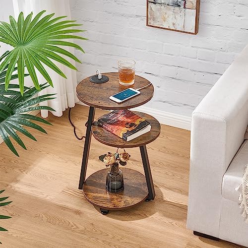 BEWISHOME Round End Table with Charging Station, Rustic Brown - Image 4