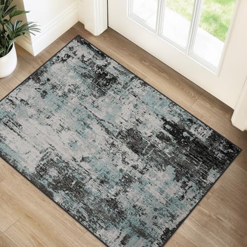 RELEANY Washable 2'x3' Abstract Area Rug for Living Room Teal Black by RELEANY