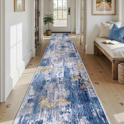 RELEANY Washable Runner 2'6"x14' Abstract Area Rug for Hallway Blue Gold - Image 2