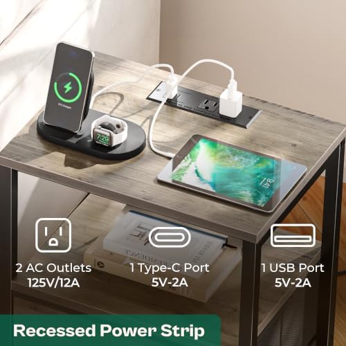 Huuger Nightstand with Charging Station, Side Table with Fabric Drawers - Image 3