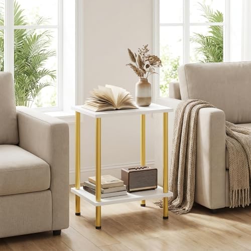 HOOBRO End Table, Small Side Table, Nightstand with 2-Layer Storage Shelves, Sofa Table for Small Spaces, Living Room, Bedroom, Stable Frame, Easy Assembly, White and Gold DW09BZ01 - Image 2