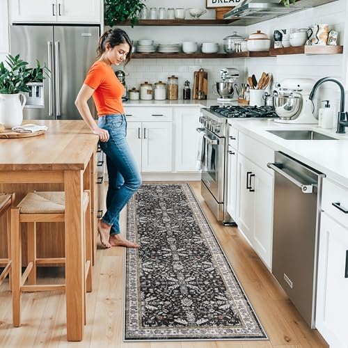 2x8ft Kitchen Rug Runners Washable Non Slip – Boho Floral Carpet Runner for Hallway, Bathroom, Bedroom, Entryway – Soft Low-Pile Thin Long Kitchen Floor Rug (Black, 2x8) - Image 3