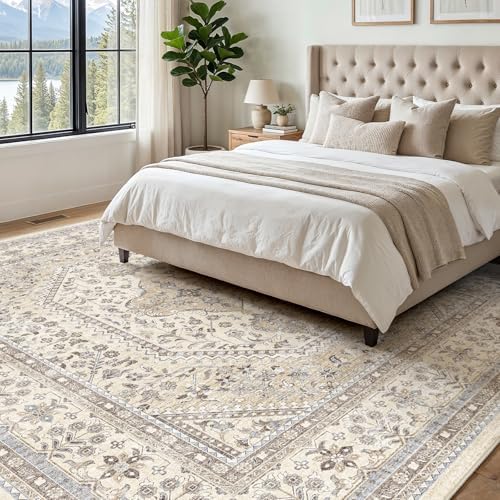 9x9 Square Washable Area Rug - Non-Slip Vintage Living Room Rugs Beige Gray - Image 2