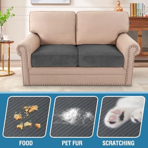 H.VERSAILTEX Velvet Stretch Couch Cushion Cover Plush Cushion Slipcover for Chair Loveseat Sofa Cushion Furniture Protector Seat Cushion Sofa Cover (2 Piece Large Sofa Cushion Covers, Grey Striped) - Image 3