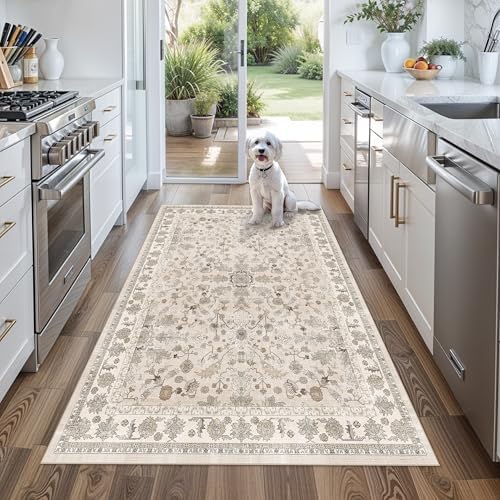4x5 Washable Kitchen Entryway Rug – Non-Slip Soft Low Pile Indoor Carpet for Bathroom Living Room Bedroom – Boho Floral Small Throw Area Rug (Beige,4x5) by BYYVOORugsforYourHome