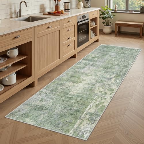 Soalmost Abstratc Runner Rug 2x5 Washable Kitchen Entry Runners Green/Ivory - Image 3