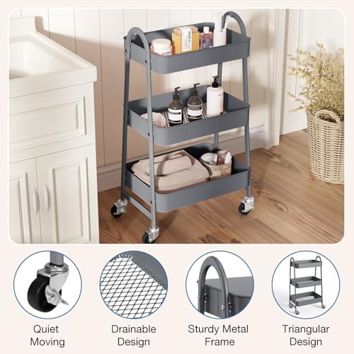 OLIXIS Metal Rolling Storage Utility Cart with Lockable Wheels 3 Tiers - Image 2