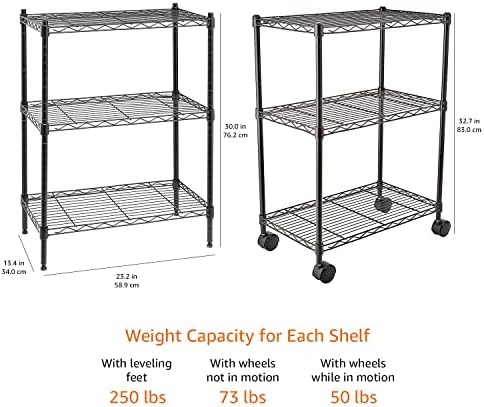 Amazon Basics 3-Shelf Adjustable Heavy Duty Storage Shelving Unit on 2" Wheels, Metal Wire Rack for Garage, Utility Shelving with Leveling Feet, 23.2"L x 13.4"W x 32.75"H, Black - Image 3