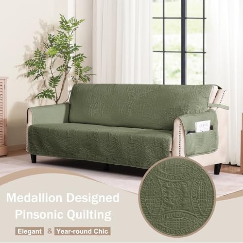 Olive Green Quilted Couch Cover with Pockets for Extra-Large Sofa, Anti-Slip Sofa Covers for Dogs Washable, Pet Friendly Oversized Sofa Cover Water-Repellent (X-Large Sofa 78", Olive Green) - Image 2