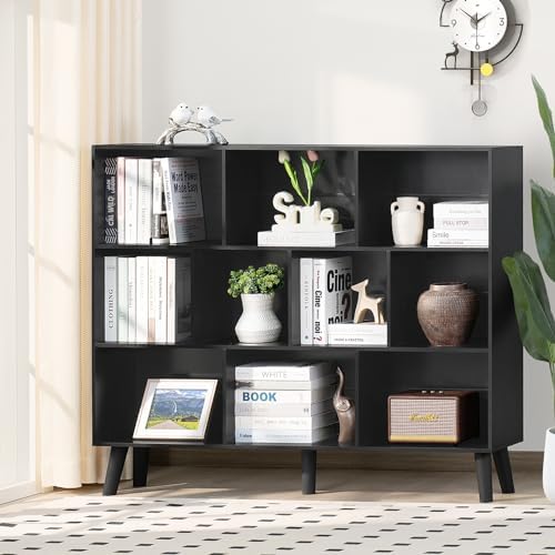 YAHARBO 10 Cube Large Bookshelf,3 Tier Bookcase with Legs,Black Mid-Century Modern Bookshelves,Wide Free Standing Open Storage Organizer Shelf,Tall Wooden Book Case Furniture for Living Room,Office - Image 5