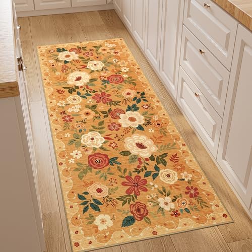 DUKINO 2x5 Runner Rug, Floral Washable Rug for Kitchen Non Slip, Orange by DUKINO