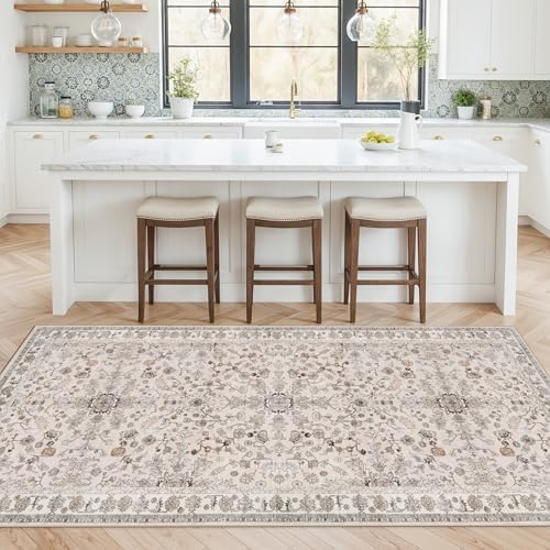 4x8 Rug Washable for Entryway Kitchen – Non-Slip Rubber Backed Area Rug for Hallway Bedroom Living Room Office,Boho Floral Low Pile Thin Floor Indoor Mat (Beige,4x8) by BYYVOORugsforYourHome