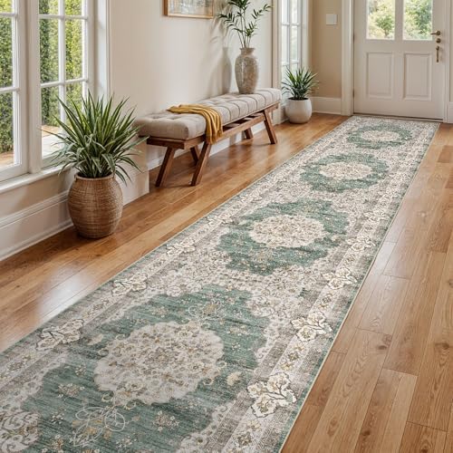 3x20 Runner Rug Washable Vintage: Non Slip Long Hallway Runners Green/Beige by Ksrau