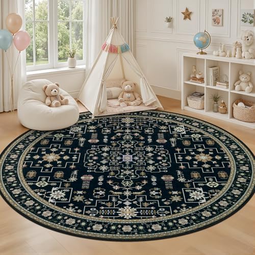 Round Area Rug for Living Room: 6ft Washable Rug for Bedroom Black - Image 5