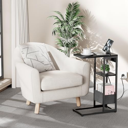 C Shaped End Table with Charging Station, Small Side Table for Couch Recliner, Slide Under Sofa Desk Snack Tables with Storage Bag & AC / USB Outlet, Small Spaces Drink Tables for Living Room, Bedroom - Image 2