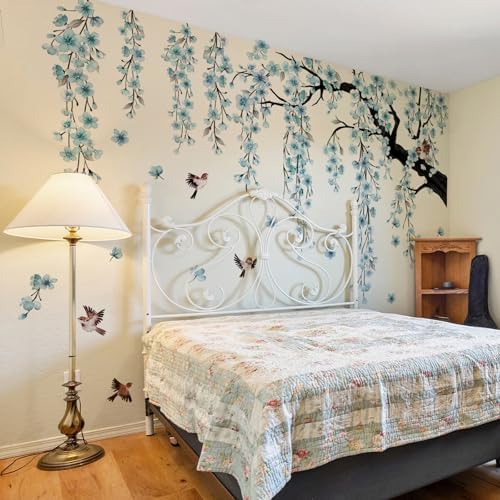 Cherry Blossom Tree Wall Decals with Birds, Large Removable Peel and Stick Flower Wall Stickers for Girls Room, Bedroom, Living Room Decor, 61.81 x 50.39 Inch, 4 Sheets (Blue) - Image 3