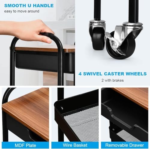 3 Tier Rolling Cart with Drawer, Metal Utility Cart with Table Top - Image 6