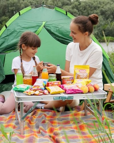 Small 2ft Folding Table with Carry Handle, Adjustable Height 10.6" or 22", Silver Metal Mesh, Portable & Compact Indoor/Apartment/Card/Side/Grill Table, 23.6"Lx15.8"W, Lightweight 4 lb, 66 lb Capacity - Image 2