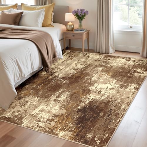 RELEANY Washable 4'x6' Abstract Area Rug for Living Room Brown Tan - Image 2