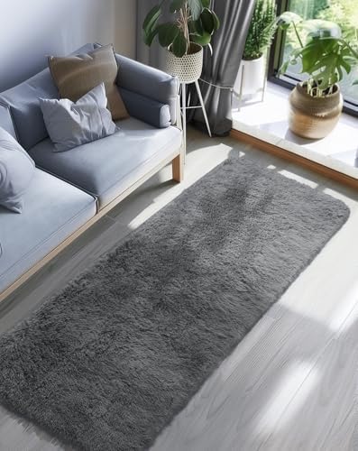 Ophanie 2x8 Runner Rug for Hallway, Upgrade Non-Slip Fluffy Soft Bedside Rugs, Bedroom Living Room Grey Shaggy Gray Carpet for Kids Dorm Home Decor with Over 99 pcs Pile fibers - Image 5