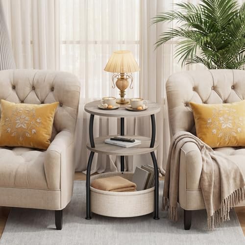 Round Side Table with Storage Basket, End Table Living Room, Greige - Image 6
