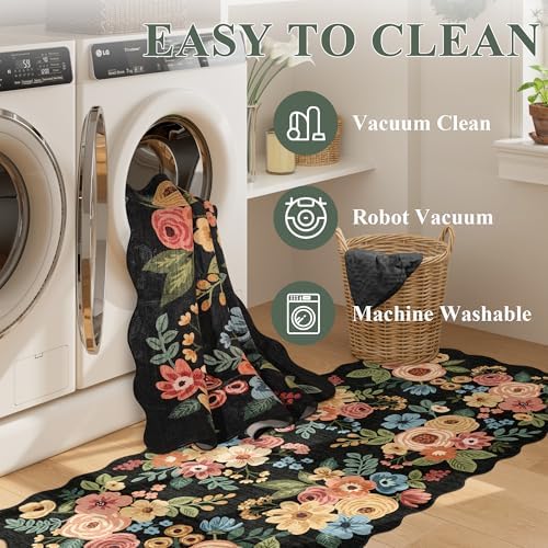 DUKINO 2.6x8 Runner Rug, Floral Washable Kitchen Rugs Non Slip, Black - Image 6