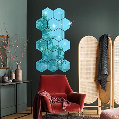 DIY Wall Decals Acrylic Mirror Sticker Set 12 Pcs, Hexagon Mirror Wall Stickers for Living Room Bedroom Decor (Blue) - Image 2