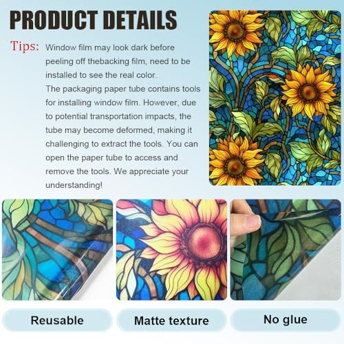 Window UV Protection Privacy Film:Non-Adhesive Static Cling Decorative Window Film with Installation Tools,Stained Glass Window Film for Kitchen,Study,Bathroom,and Shower Doors,17.7 x 39.4 inches. - Image 4