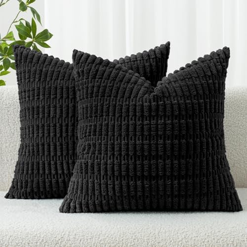 MIULEE Pack of 2 Corduroy Decorative Throw Pillow Covers 18x18 Inch Soft Boho Striped Pillow Covers Modern Farmhouse Home Decor for Sofa Living Room Couch Bed Black by MIULEE
