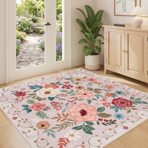 DUKINO 4x4 Square Area Rug, Soft Floral Washable Rug for Entryway, Beige by DUKINO