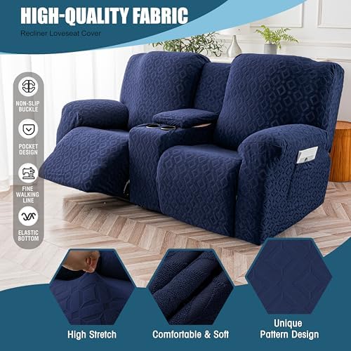 Genina Waterproof Recliner Loveseat Cover,2 Seat with Console,Navy Blue - Image 4