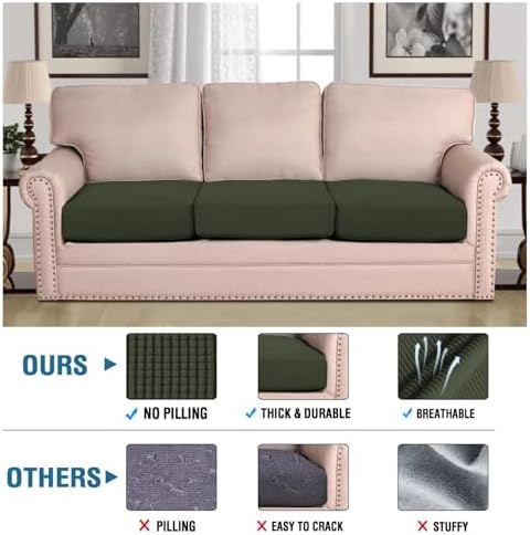 H.VERSAILTEX Super Stretch Individual Seat Cushion Covers Sofa Covers Couch Slipcover Sets Thick Jacquard Textured Twill Fabric (3 Piece Sofa Cushion Covers, Olive) - Image 2