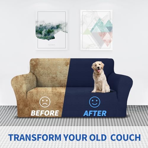 MAXIJIN Loveseat Cover Sofa Covers (55"-69"), 1-Piece Stretch Couch Covers for 2 Cushion Couch Love Seat Slipcover with Elastic Bottom for Kids,Dog (Loveseat, Diamond Pattern Navy Blue) - Image 5