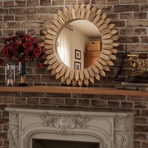 28" Round Sunburst Wooden Mirror Boho Rustic Wall Decor - Image 7