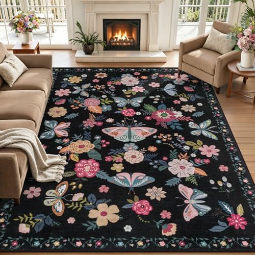 6x9 Area Rug Living Room: Soft Floral Washable Boho Carpet Black by EXPEDIX