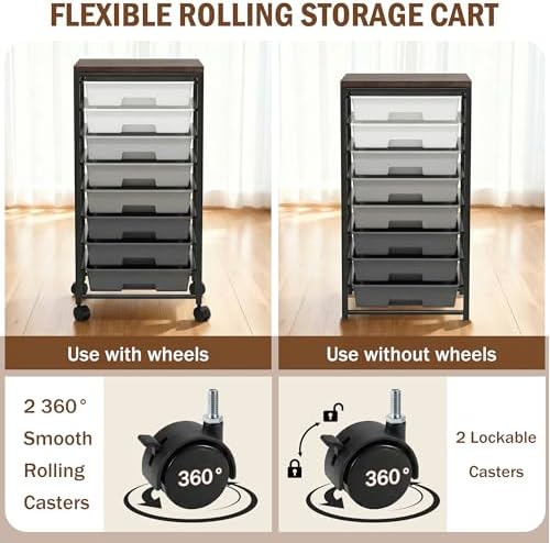 Rolling Cart with 8 Drawers, Storage Drawers Cart with Wooden Tabletop and Lockable Wheels, Craft Storage for Living Room, Office, Classroom, Craft Room, Bedroom (Gray) - Image 4