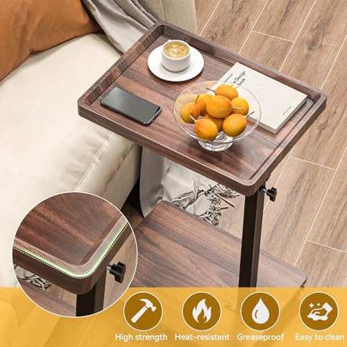 C Table End Table Adjustable Height, 360°Swivel TV Tray Table for Small Spaces, Couch Tables That slide under, C Shaped Side Tables living room and bedroom for Sofa, Bed,Chair, Snack (1, Walnut Brown) - Image 6