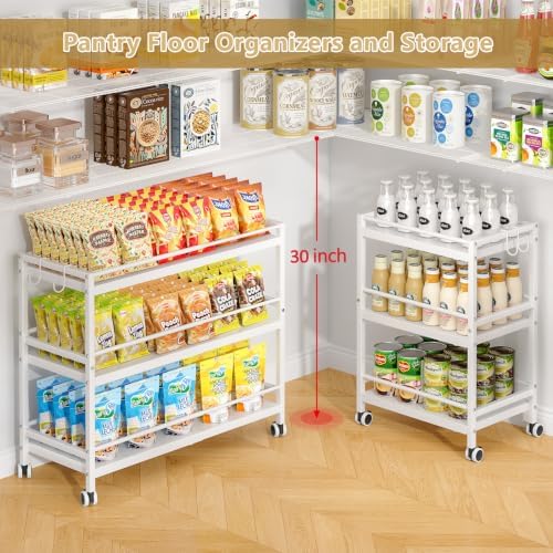 3-Tier Expandable Rolling Pantry Organizers and Storage Cart with Wheels, Adjustable Pantry Floor Organizer, Snack Cart for Pantry, Kitchen Storage Cart with 4 Hooks for Snack, Food, Vegetables, White - Image 3