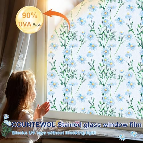 Countewol Privacy Window Films Stain Glass Cling No Glue Anti-UV Window Sticker for Bathroom Bedroom Living Room(Daisy Textured 78.7" L*17.5" W) - Image 3