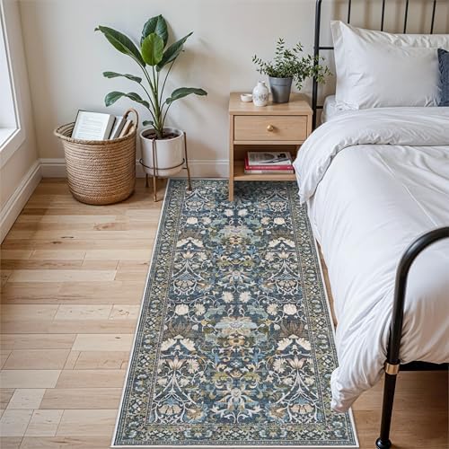 3x6 Washable Entryway Area Rugs: Vintage Easy to Clean Kitchen Rug Runner Soft Non Slip Floor Mat Indoor Farmhouse Carpet for Bathroom Living Room Bedroom Printed Hallway Runners(3x6 Floral/Blue) by HYHAOYUNLAI